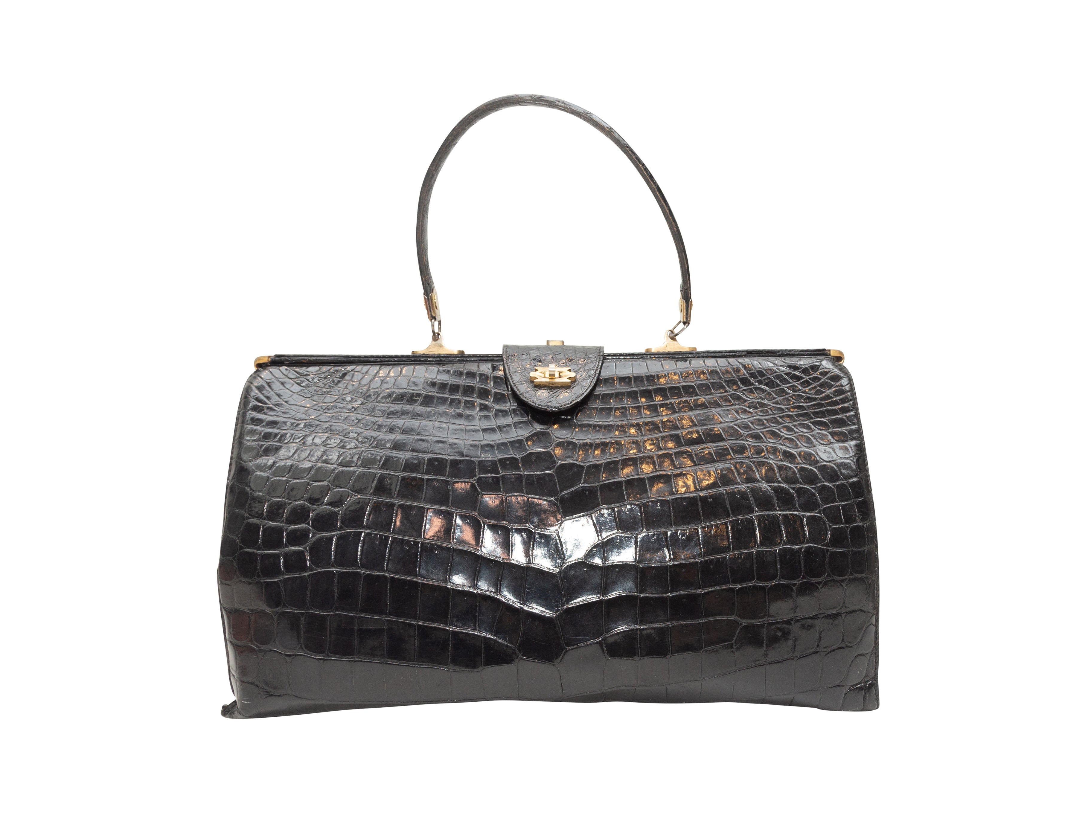 SOLIQUE vintage handbag black patent leather and crocodile leather