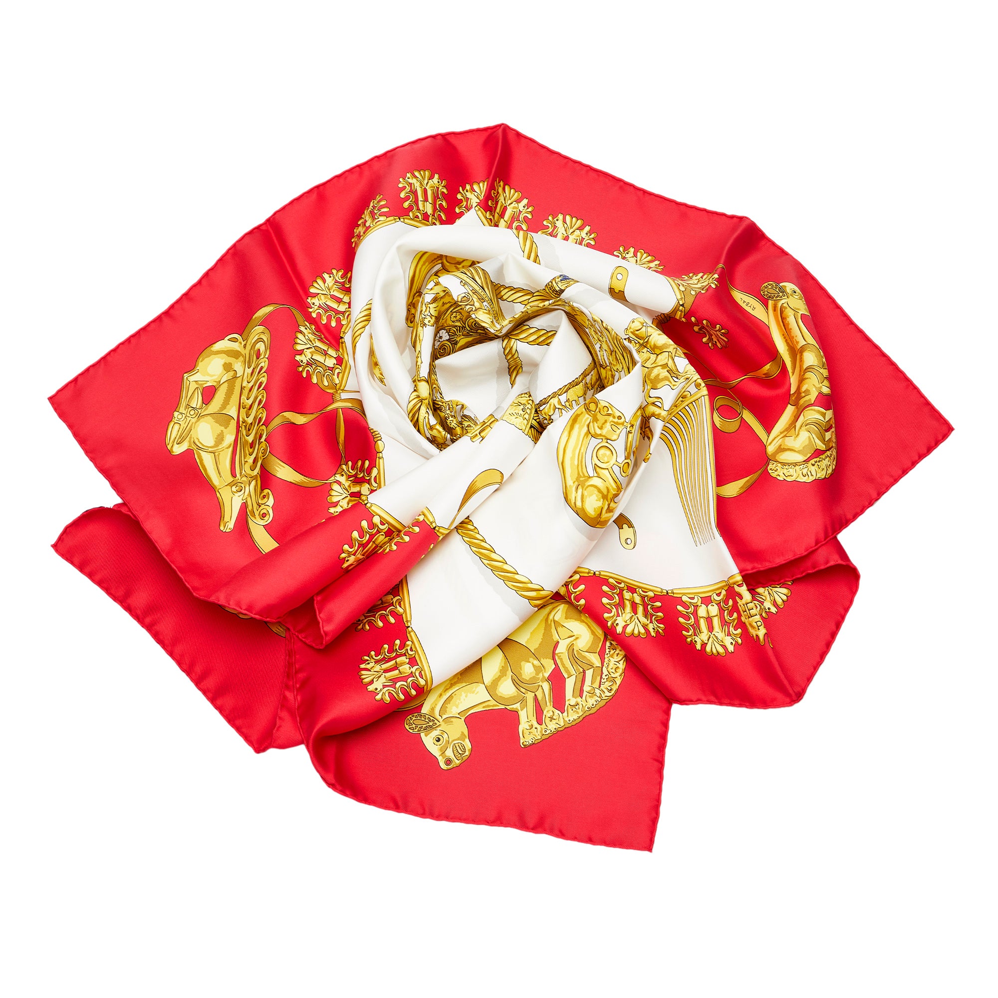 Sold' HERMES Red Gold Ivory Gray Les Robes Equestrian Silk Scarf