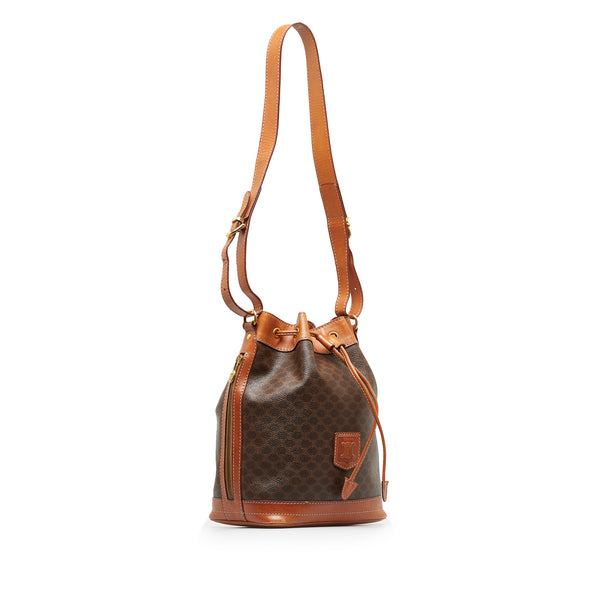 Celine Monogram Macadam Drawstring Bucket Hobo Bag Tote Crossbody Shoulder  Brown