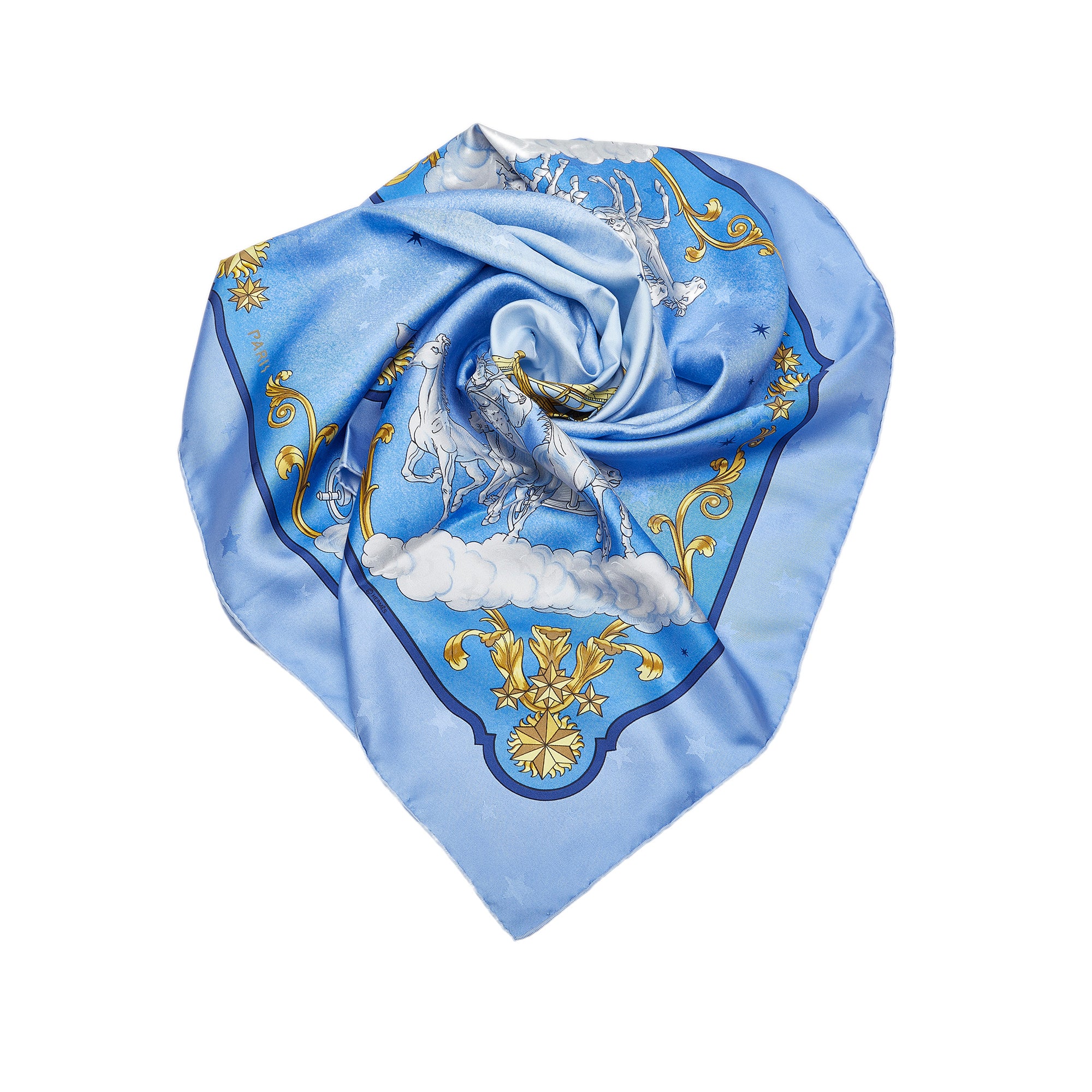 Hermes, Timeless blue/white/gold scarf in silk. - Unique Designer