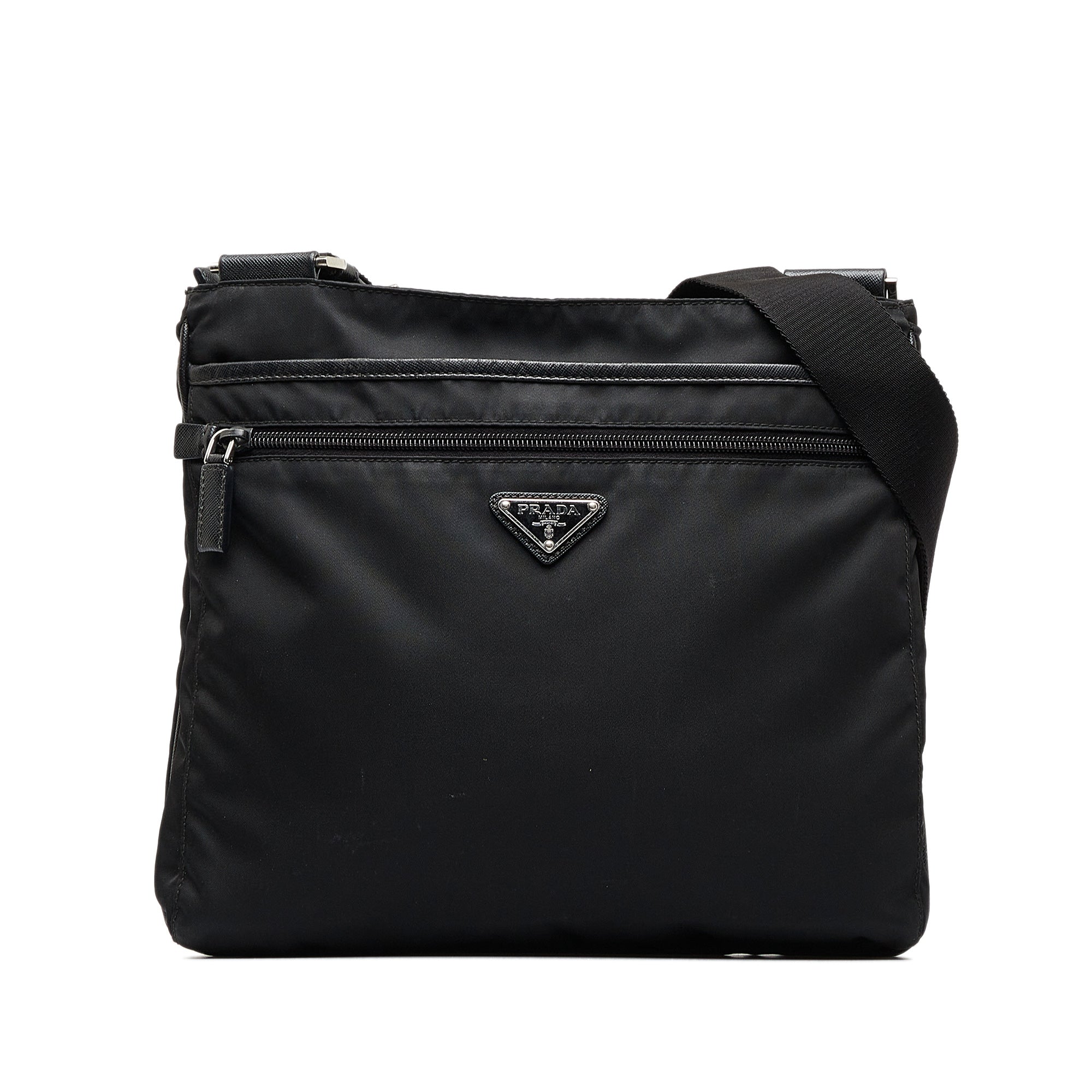 Prada Black Tessuto Nylon Flat Crossbody Bag w/ Front Pocket at
