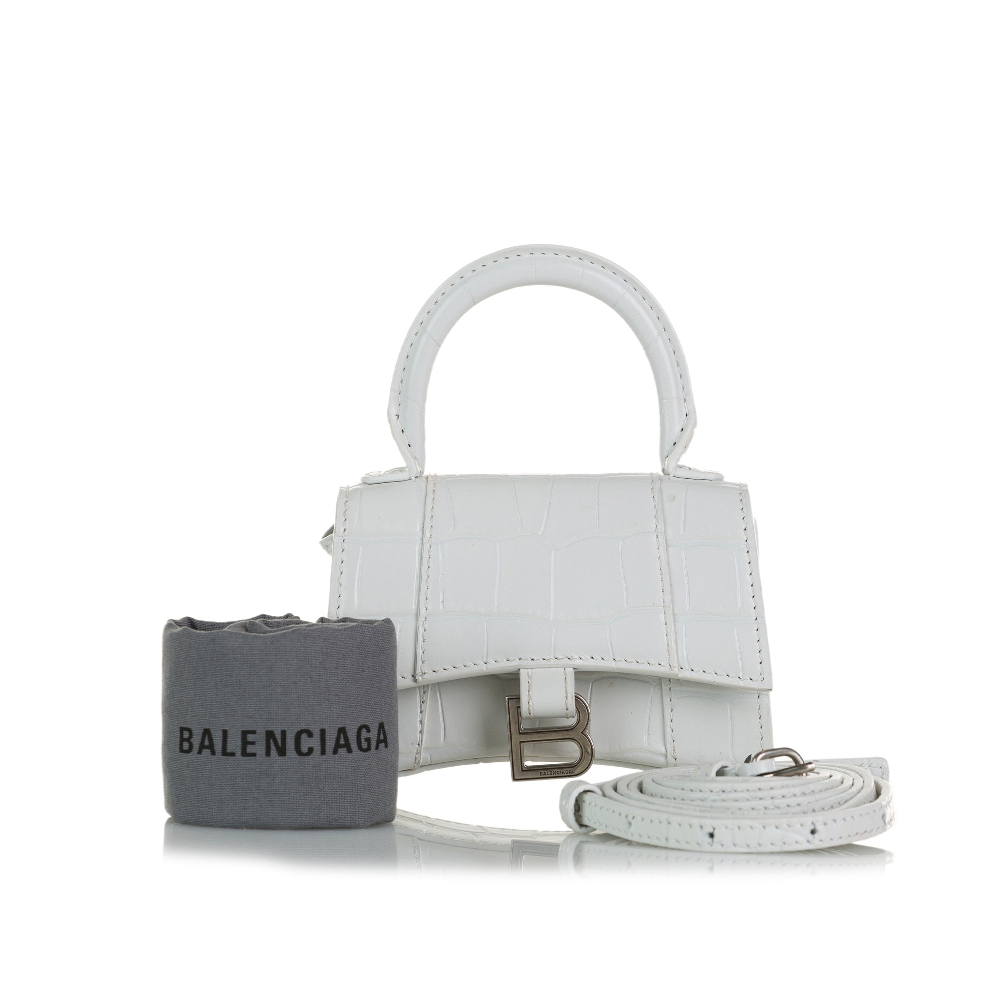 Balenciaga Small Hourglass Croc Embossed White Leather Bag New