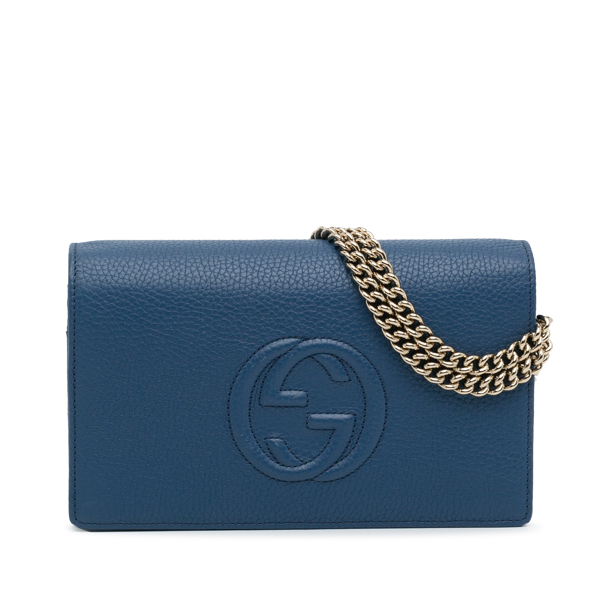 GUCCI Mini Soho Pebbled Leather Wallet On Chain Bag Blue 598211