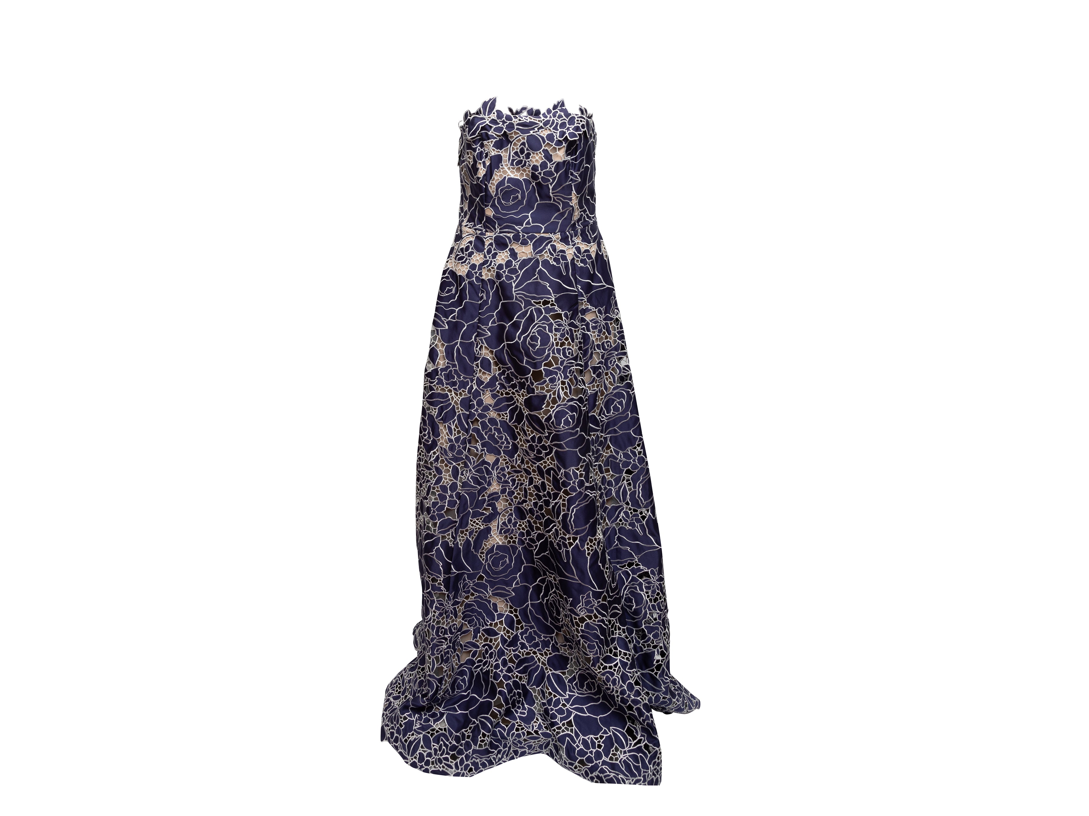 Navy & White Marchesa Notte Strapless Guipure Lace Gown | Designer Revival