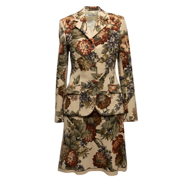 Vintage Tan & Multicolor Miguel Adrovar Fall/Winter 2002 Wool Floral Skirt Suit Size US S - Designer Revival