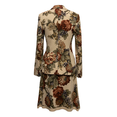 Vintage Tan & Multicolor Miguel Adrovar Fall/Winter 2002 Wool Floral Skirt Suit Size US S - Designer Revival