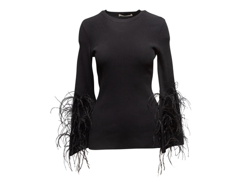 Black Ribbed Sweater Top - Ribbed Knit Top - Feather Trimmed Top