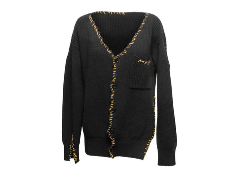 Black & Yellow Marni Virgin Wool Rib Knit Cardigan | Marni logo