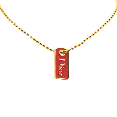 Red Dior Logo Plate Pendant Necklace - Designer Revival