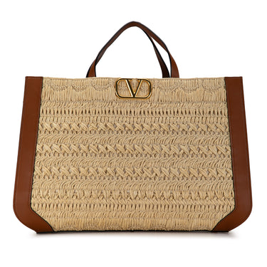 Brown Valentino Embroidered Raffia VLogo Signature Tote Bag