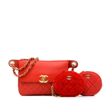 Red Chanel CC Quilted Calfskin Flap Belt Bag and Coin Purse