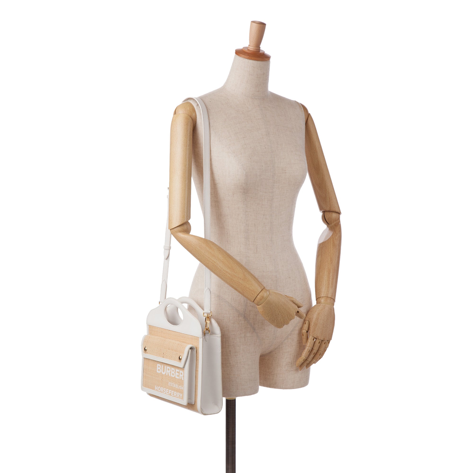Burberry Beige/White Raffia and Leather Pocket Mini Tote Bag