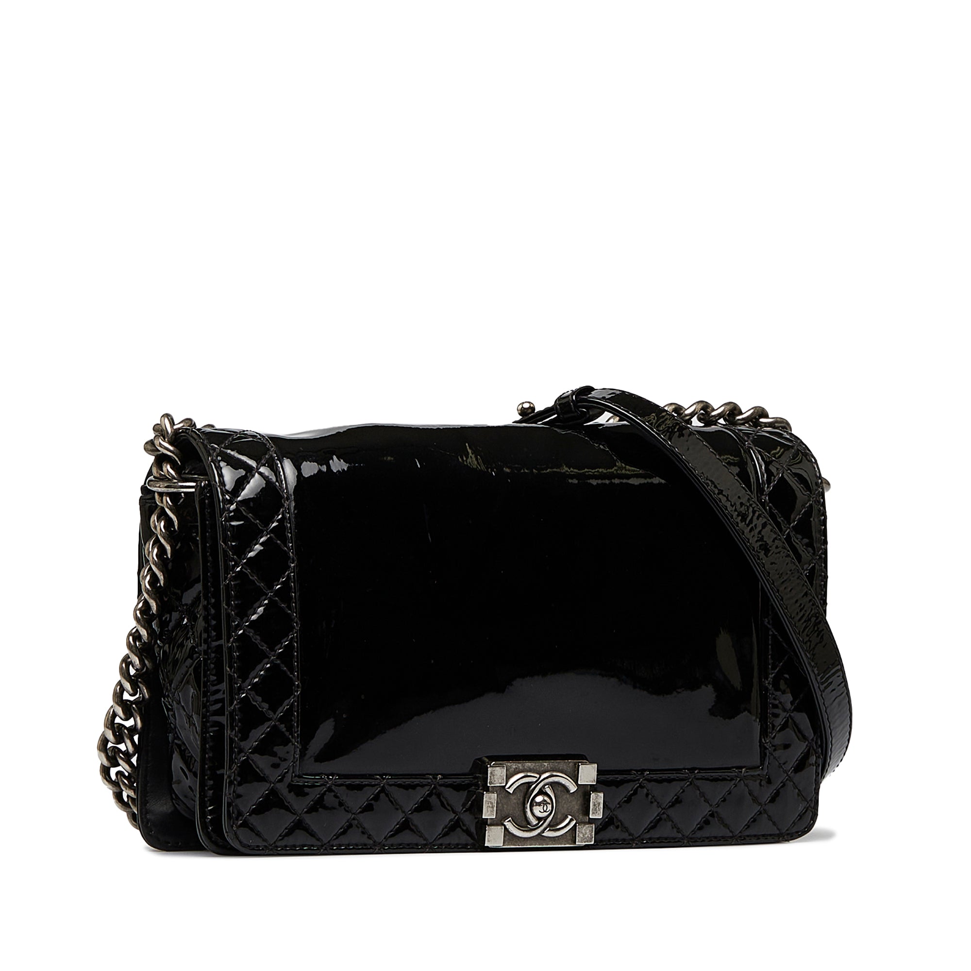 Chanel Black Patent Boy Reverso Mini Pochette Crossbody Bag at