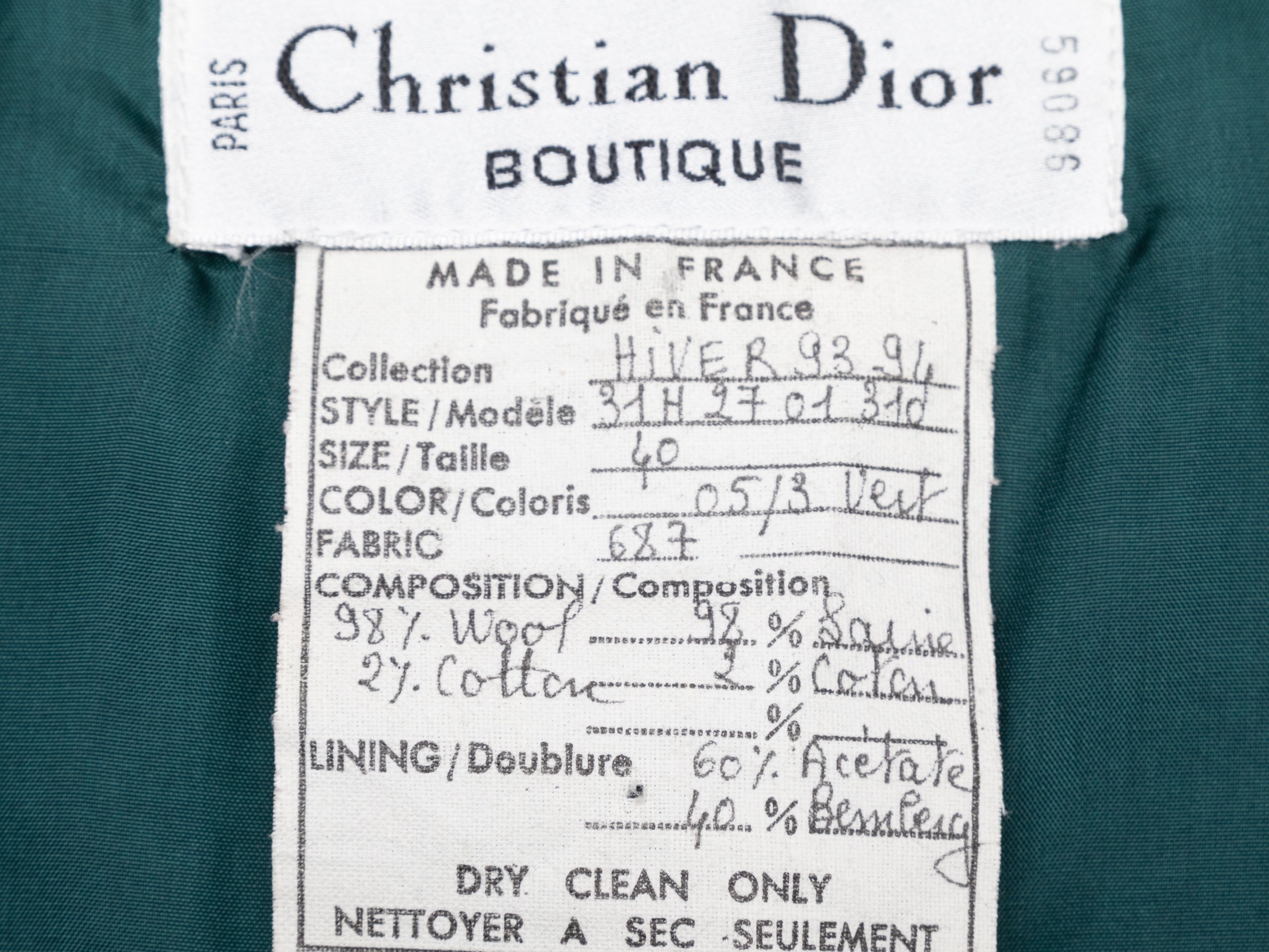 Vintage Dark Green & Red Christian Dior Boutique Wool Skirt Suit