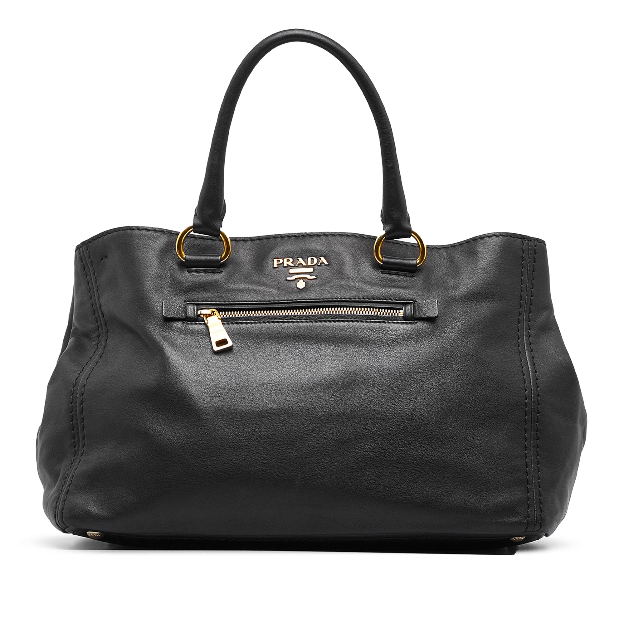 Black Prada Vitello Soft Calf Front Pocket Tote Satchel