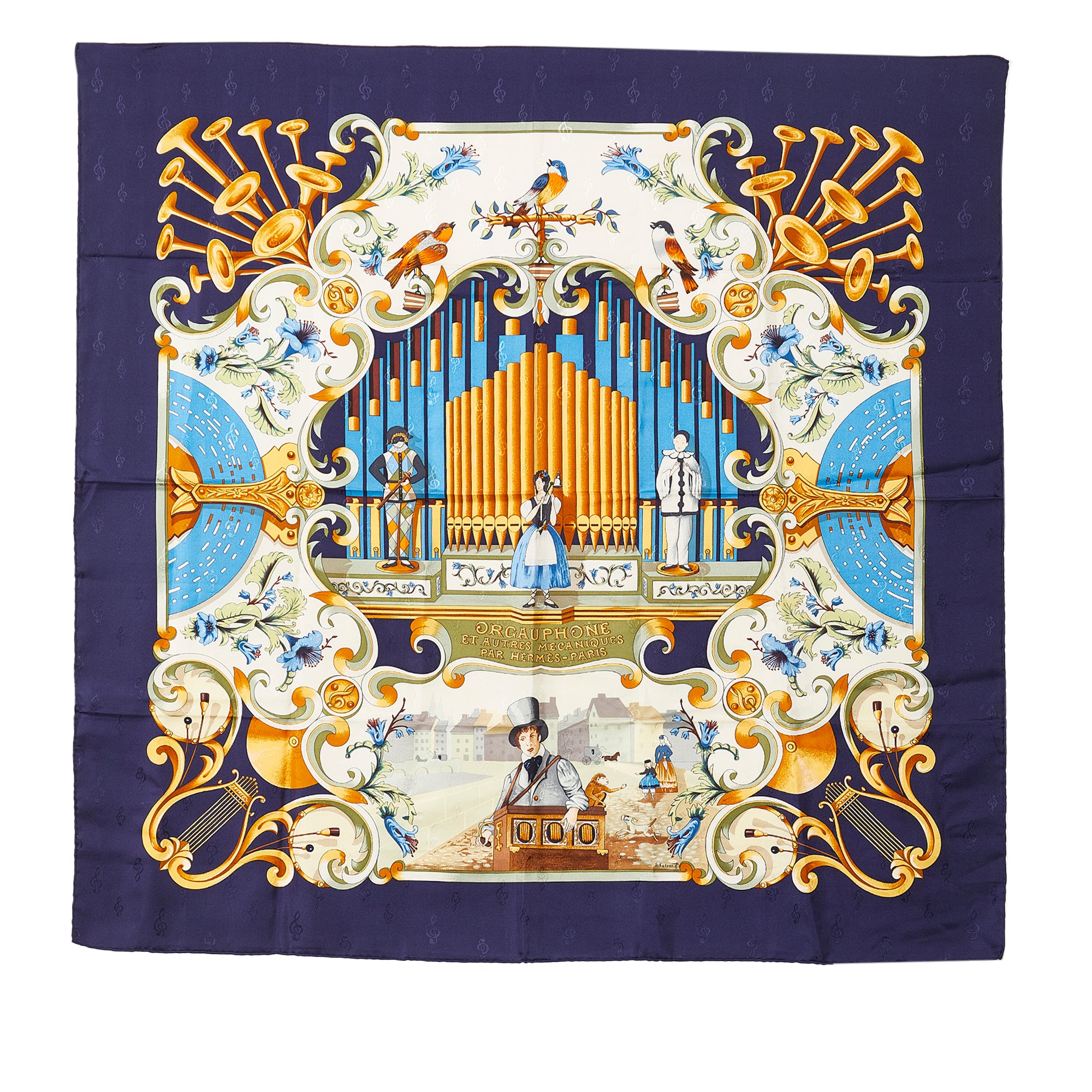 Blue Hermes Orgauphone et Autres Mecaniques Silk Scarf Scarves