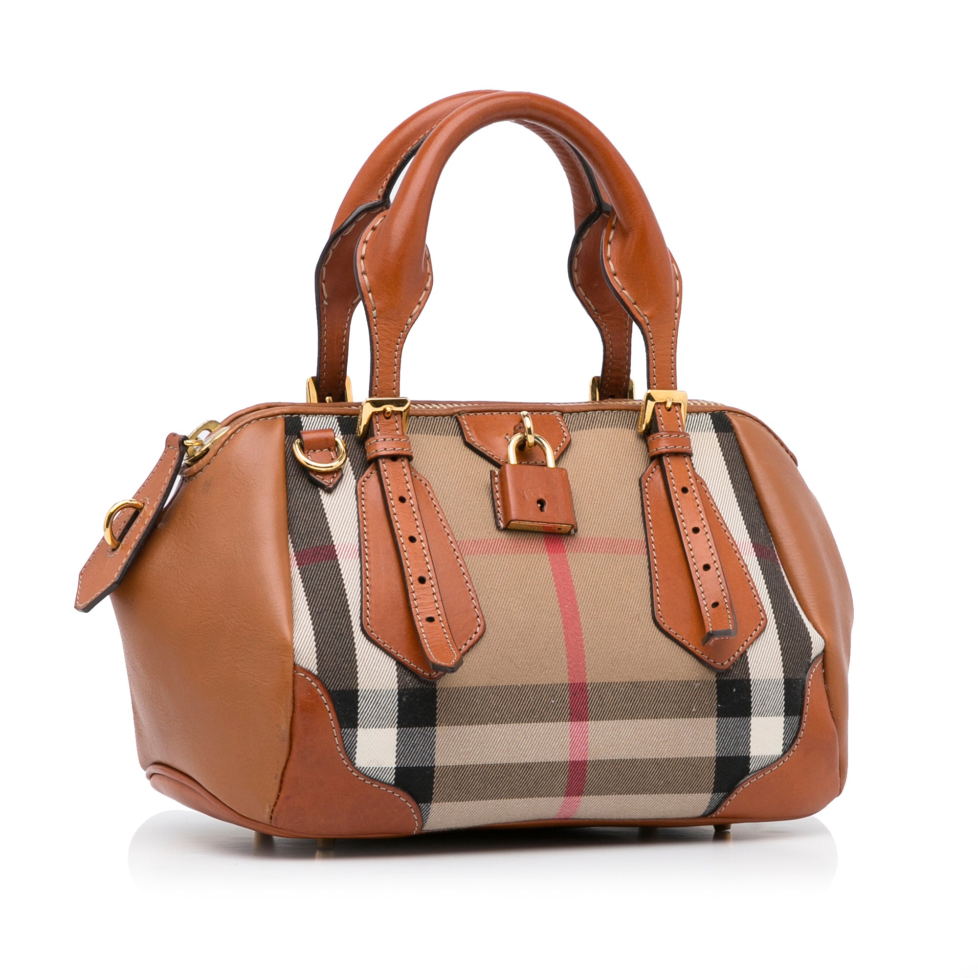 Check and Leather Bag Strap in Tan - Women