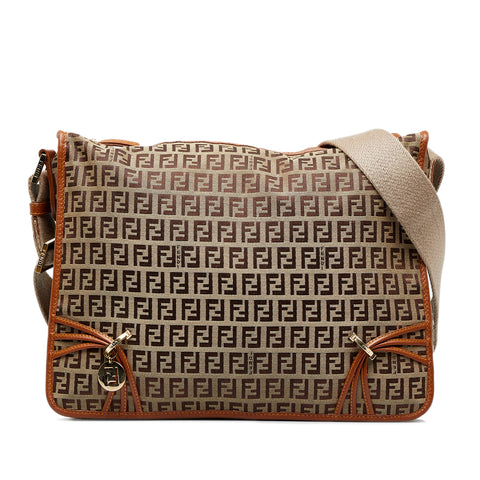 Fendi Vintage Brown Monogram Zucchino Flat Messenger Bag For Sale