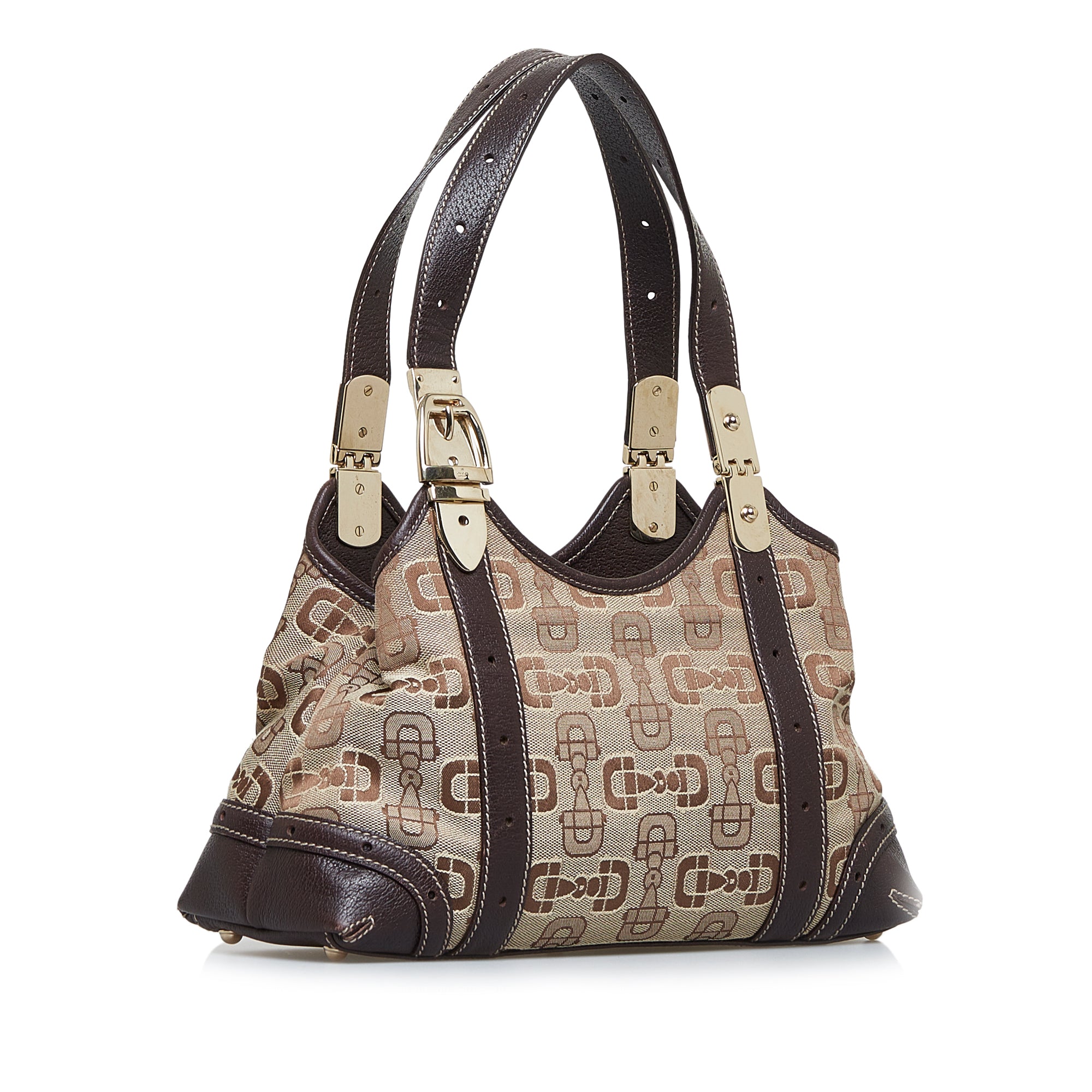 Gucci Monog Horsebit Hobo Shoulder Handbag Brown Canvas XL Gold