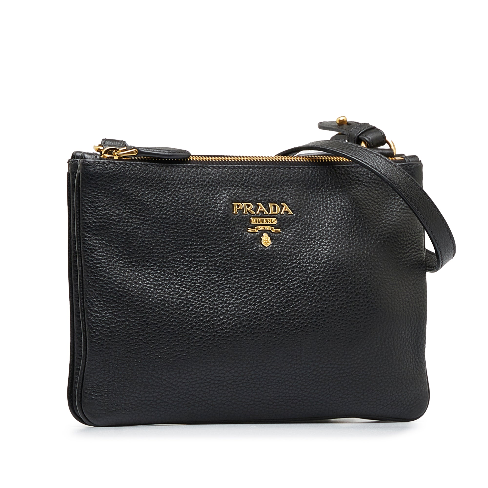 New Prada Black Vitello Phenix Leather Double Zip Cross Body Bag