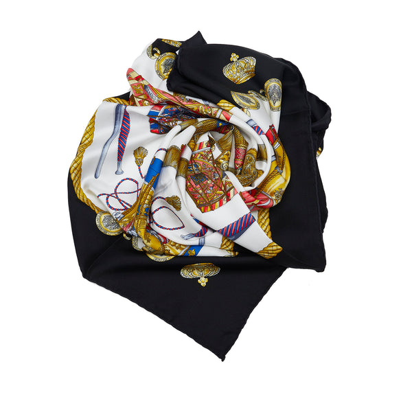 Black & Multicolor Hermes Les Tambours Printed Silk Scarf