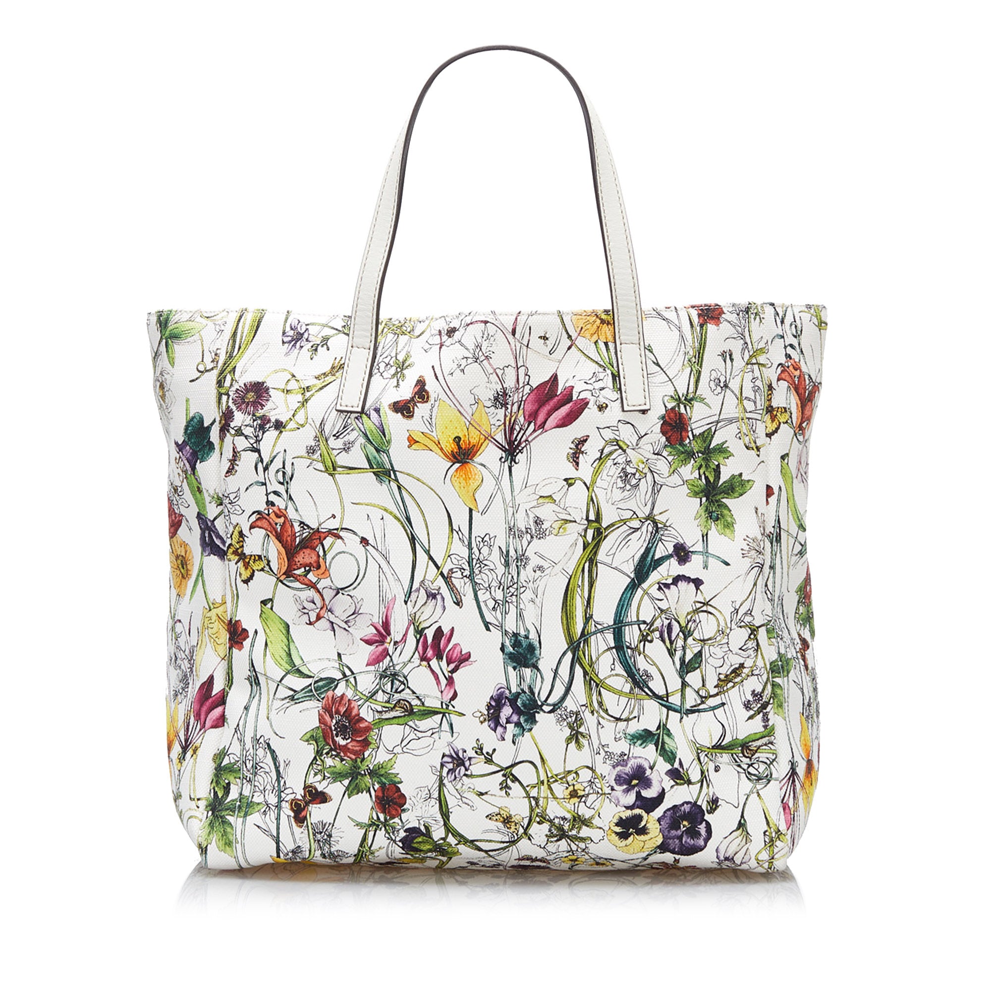 GUCCI White Flora Canvas Vintage Tote Bag w/Key Holder Set - The