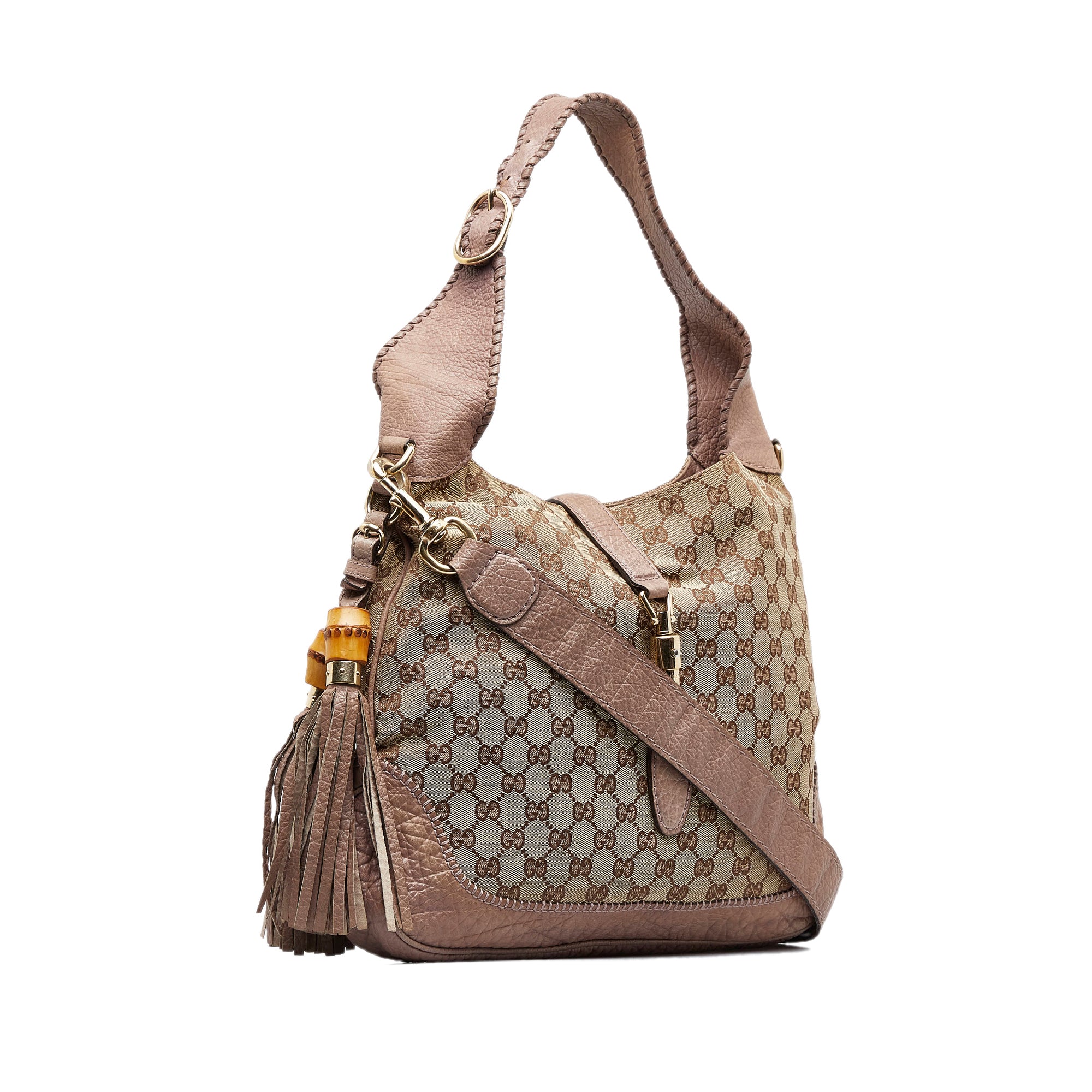 Gucci Jackie Bamboo Tassel Beige Brown Canvas Shoulder