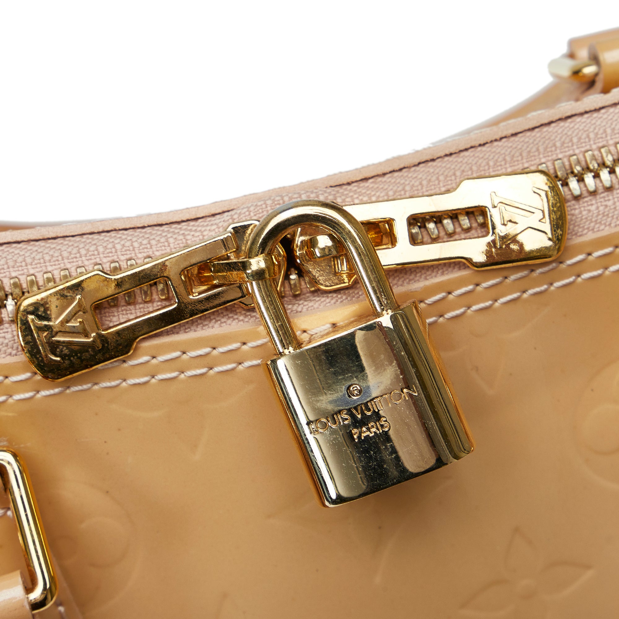 Authentic Louis Vuitton Beige Monogram Vernis Leather Alma PM Handbag