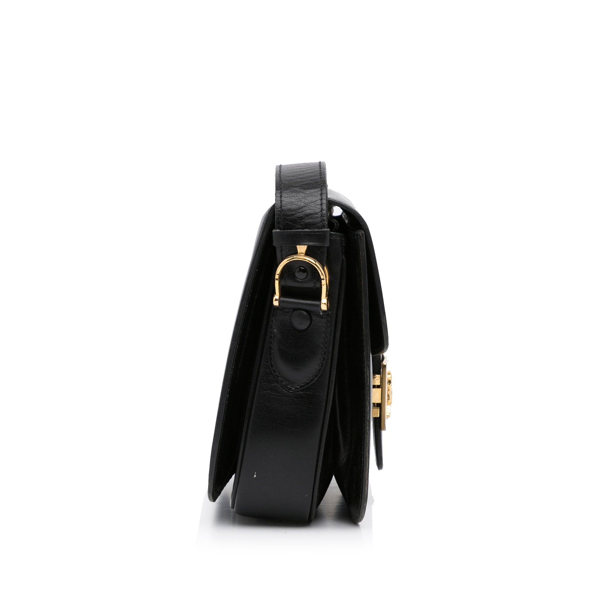 Celine Vintage Black Leather Gold Carriage Logo Flap Shoulder Bag