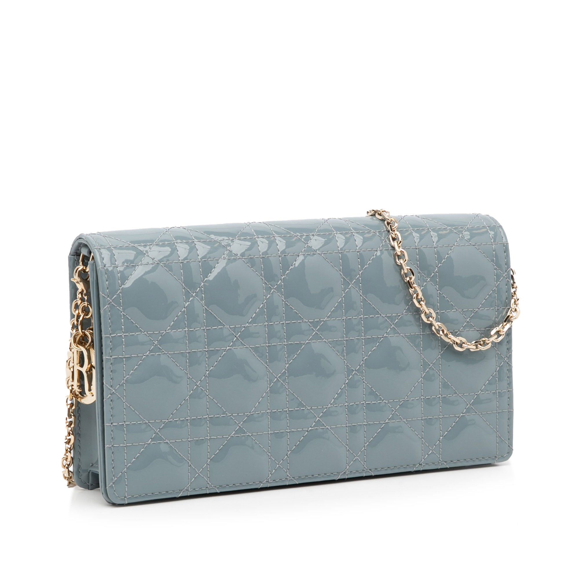 Blue Dior Cannage Patent Lady Dior Wallet On Chain Crossbody Bag