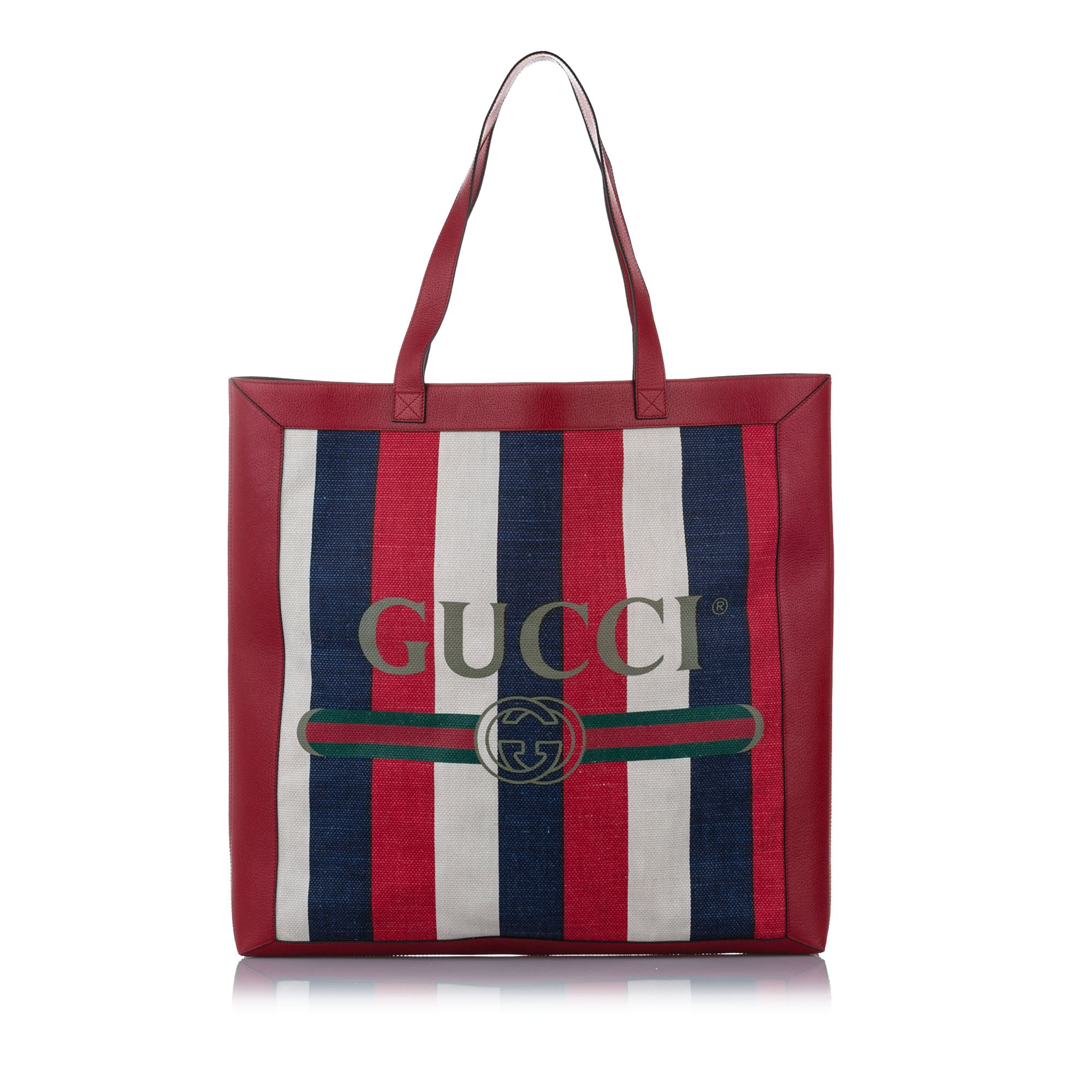 Gucci Logo Striped Leather Canvas Tote Bag Red White Blue