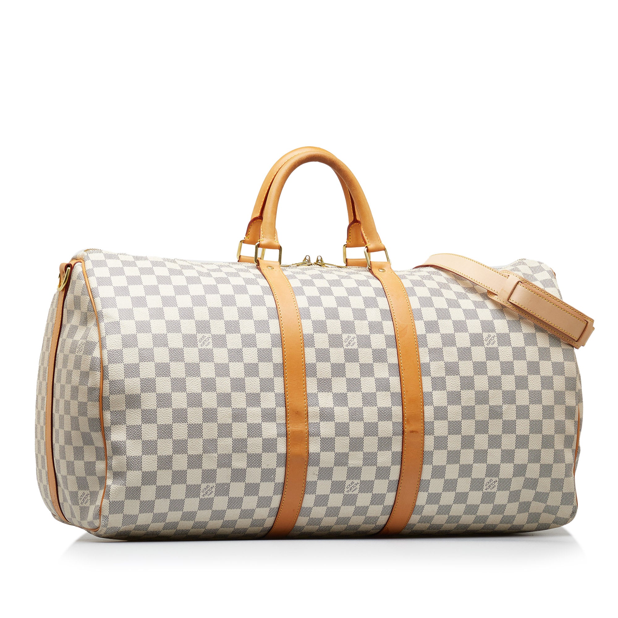 A Louis Vuitton Keepall Bando in Damier Azur is a travel luxury bag th
