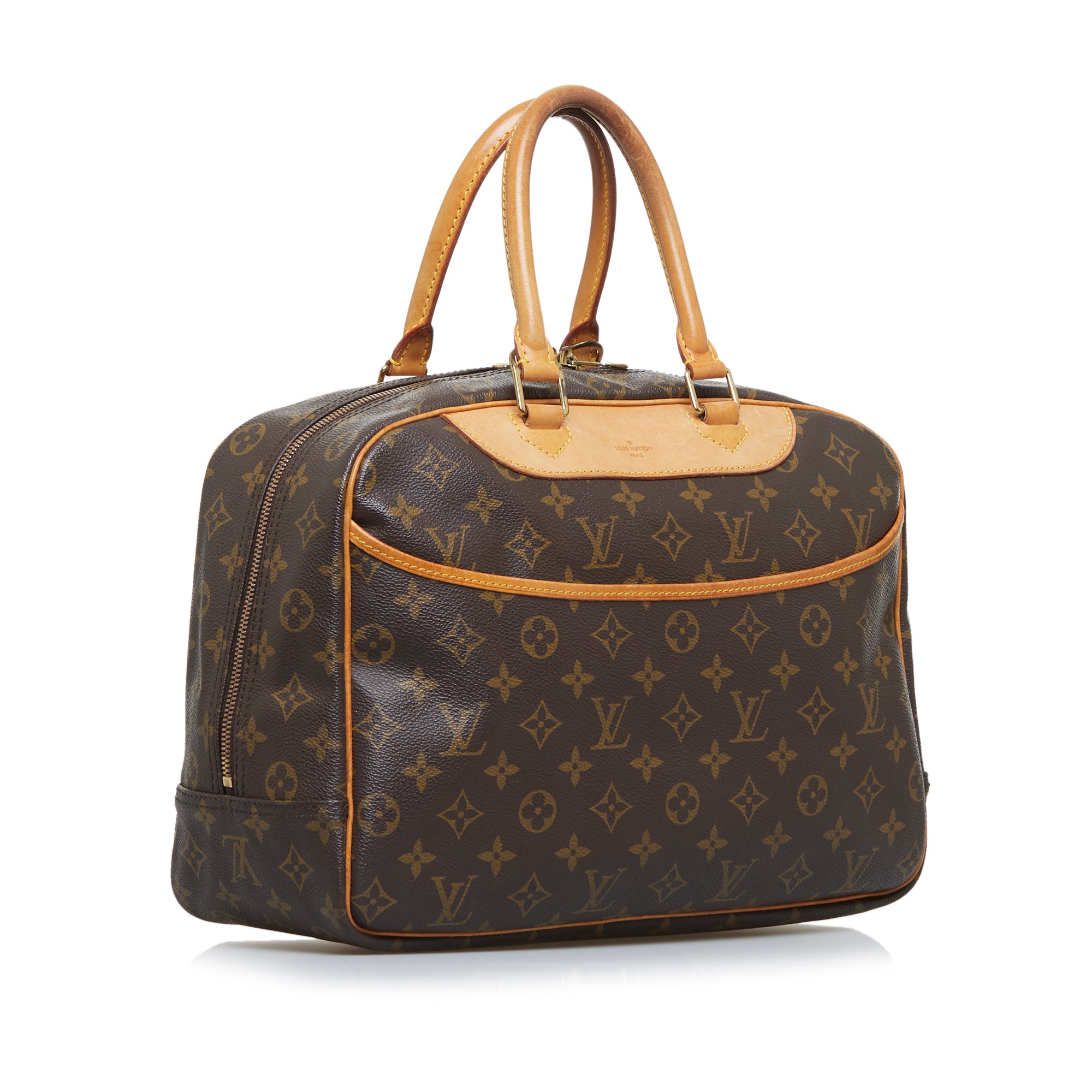 Louis Vuitton Logo Deauville Hand Bag Monogram Leather Brown Duffle Luggage  Tag