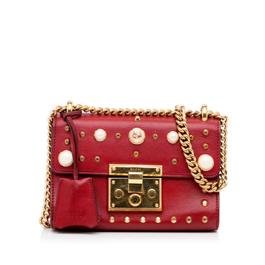 Red Gucci Small Leather Pearl Studded Padlock Crossbody Bag - Designer Revival