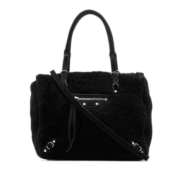 Balenciaga Logo Tote Bag Handbag Black Shearling Authentic