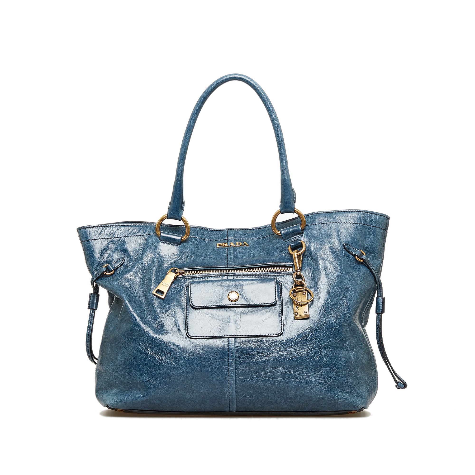 Blue Prada Vitello Shine Tote Bag | Designer Revival
