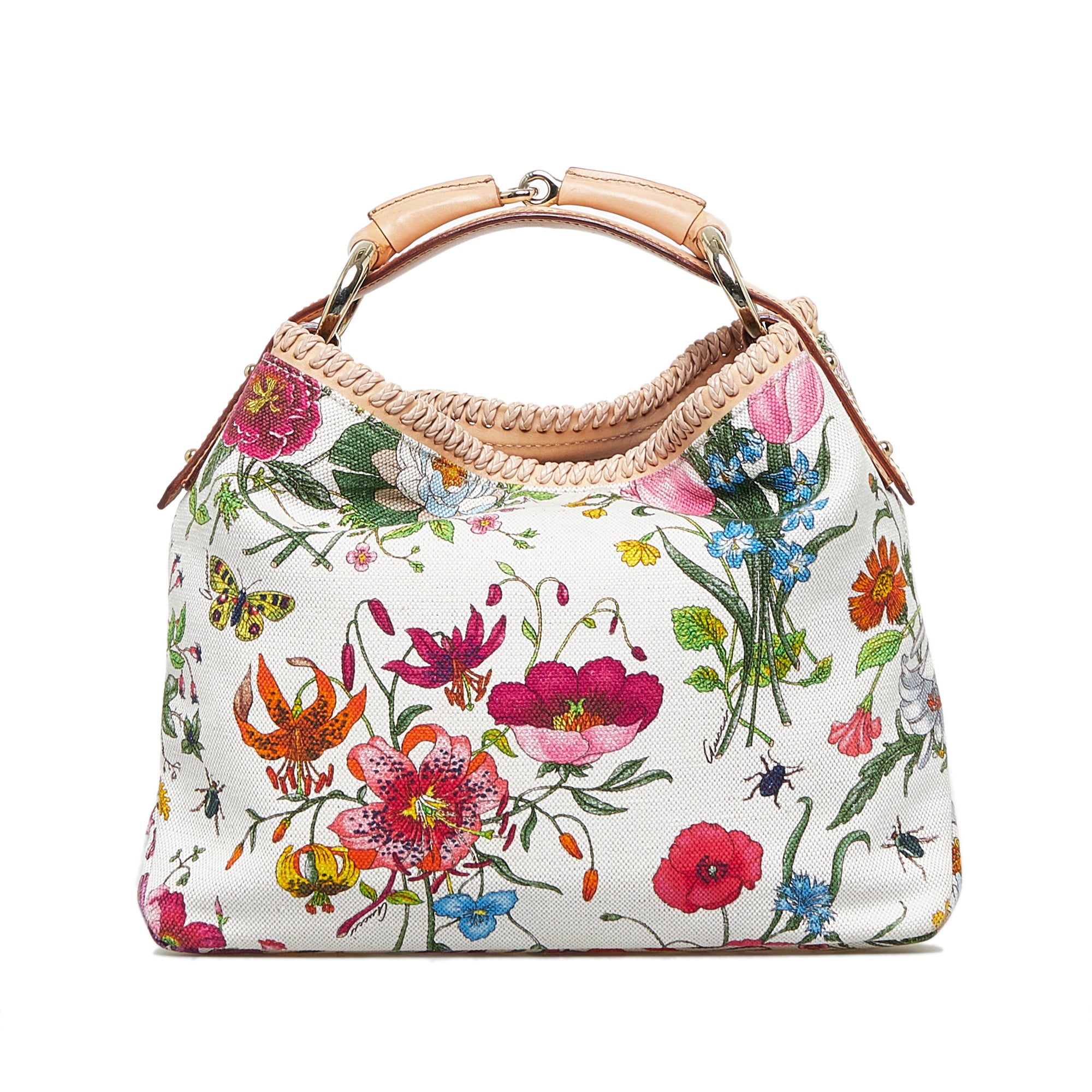 Gucci White Floral Print Canvas and Leather Small Horsebit Hobo at