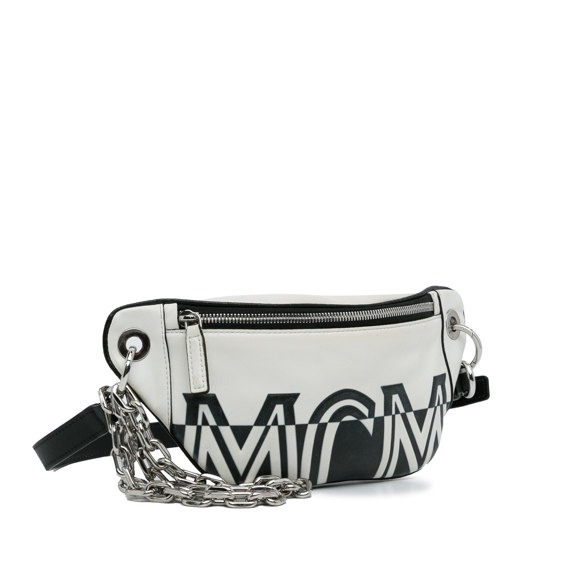 MCM Women's White Contrast Logo Leather Mini Crossbody Chain Bag