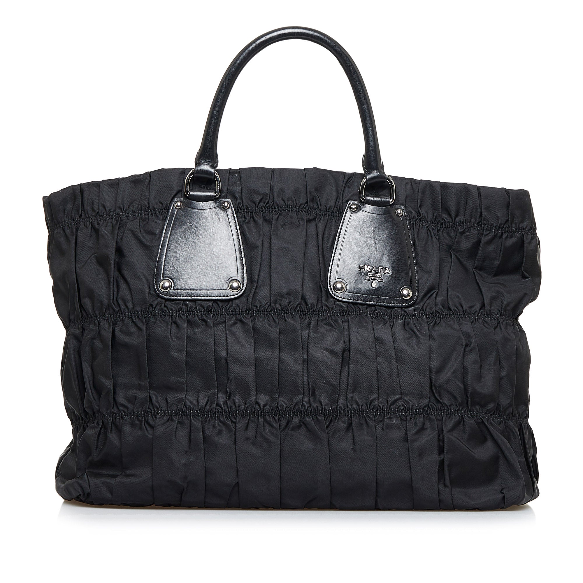 Prada Black Tessuto Nylon Calf Leather Trim Satchel Tote Bag